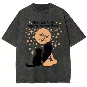 Женская футболка с принтом девочки-кошки черного цвета, выстиранная, с коротким рукавом, личность, для подростка-студента, с рукавом до локтя, уличный тренд, винтажный топ S