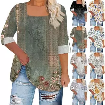 Женская футболка с принтом, длинные рукава реглан, базовый квадратный топ стандартного размера для повседневной моды XXXXXL