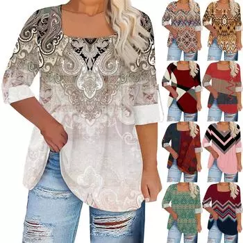 Женская футболка с принтом, длинные рукава реглан, базовый квадратный топ стандартного размера для повседневной моды XXL