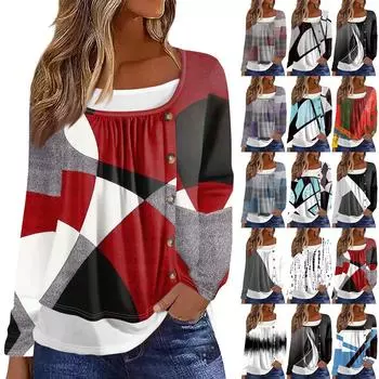 Женская футболка с принтом, длинный рукав, поддельные две части, повседневная мода на выходные, базовый обычный топ L чёрный