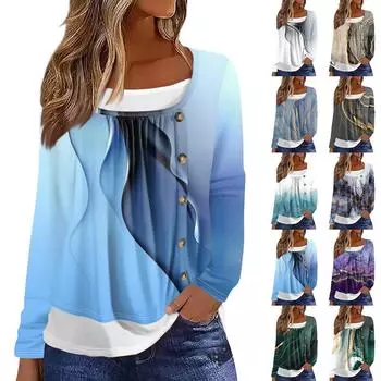 Женская футболка с принтом, длинный рукав, поддельные две части, повседневная мода на выходные, базовый обычный топ M зелёный