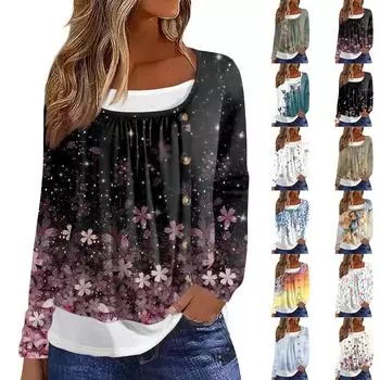 Женская футболка с принтом, длинный рукав, поддельные две части, повседневная мода на выходные, базовый обычный топ L армия зеленый