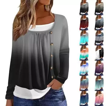 Женская футболка с принтом, длинный рукав, поддельные две части, повседневная мода на выходные, базовый обычный топ L чёрный