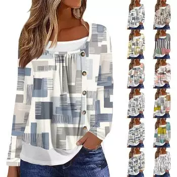 Женская футболка с принтом, длинный рукав, поддельные две части, повседневная мода на выходные, базовый обычный топ L чёрный