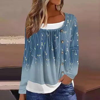 Женская футболка с принтом, длинный рукав, поддельные две части, повседневная мода на выходные, базовый обычный топ M синий