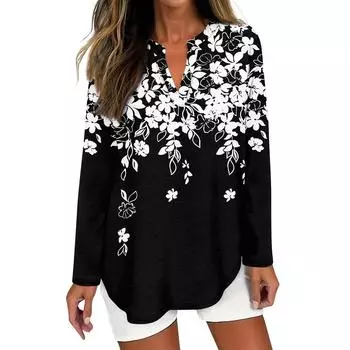 Женская футболка с принтом, длинный рукав, повседневная, выходного дня, модная, базовая, с V-образным вырезом, изогнутым подолом, стандартный топ L чёрный