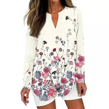 Женская футболка с принтом, длинный рукав, повседневная, выходного дня, модная, базовая, с V-образным вырезом, изогнутым подолом, стандартный топ L бежевый