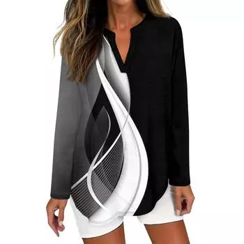 Женская футболка с принтом, длинный рукав, повседневная, выходного дня, модная, базовая, с V-образным вырезом, изогнутым подолом, стандартный топ L чёрный