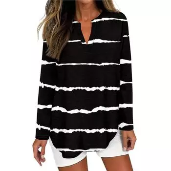 Женская футболка с принтом, длинный рукав, повседневная, выходного дня, модная, базовая, с V-образным вырезом, изогнутым подолом, стандартный топ L чёрный