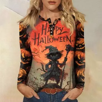 Женская футболка с принтом, длинный рукав, повседневная мода, базовая, круглый вырез, пуговицы, рукав реглан, топ L