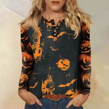 Женская футболка с принтом, длинный рукав, повседневная мода, базовая, круглый вырез, пуговицы, рукав реглан, топ M чёрный
