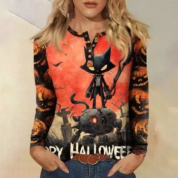 Женская футболка с принтом, длинный рукав, повседневная мода, базовая, круглый вырез, пуговицы, рукав реглан, топ M чёрный