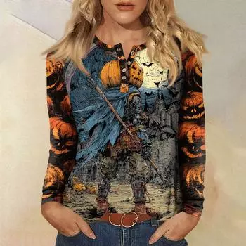 Женская футболка с принтом, длинный рукав, повседневная мода, базовая, круглый вырез, пуговицы, рукав реглан, топ XXL синий