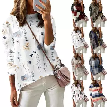 Женская футболка с принтом, длинный рукав, повседневная, выходного дня, модная, с заниженной линией плеч, с круглым вырезом, блузка L