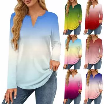 Женская футболка с принтом, длинный рукав, повседневная, выходного дня, модная, базовая, с V-образным вырезом, обычная, топ L розовый