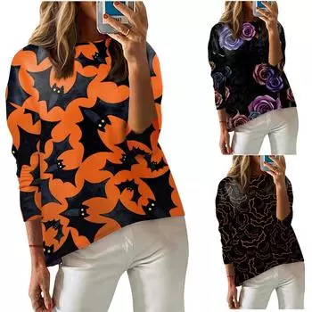 Женская футболка с принтом, длинный рукав, повседневная, выходного дня, модная, с заниженной линией плеч, с круглым вырезом, блузка XL чёрный