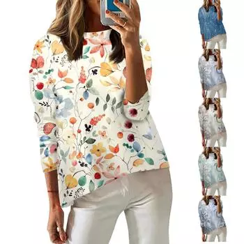 Женская футболка с принтом, длинный рукав, повседневная, выходного дня, модная, с заниженной линией плеч, с круглым вырезом, блузка S