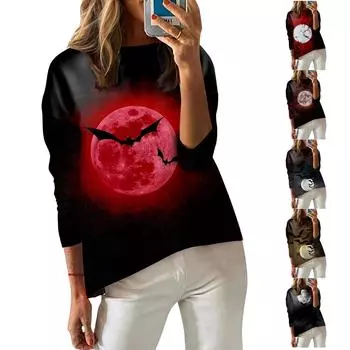 Женская футболка с принтом, длинный рукав, повседневная, выходного дня, модная, с заниженной линией плеч, с круглым вырезом, блузка S винный