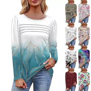 Женская футболка с принтом, длинный рукав, повседневная, выходного дня, модная, базовая, с круглым вырезом, обычная, топ L чёрный