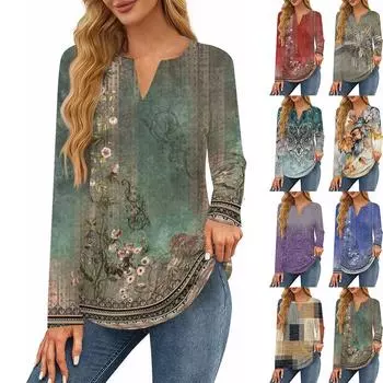 Женская футболка с принтом, длинный рукав, повседневная, выходного дня, модная, базовая, с V-образным вырезом, обычная, топ M оранжевый