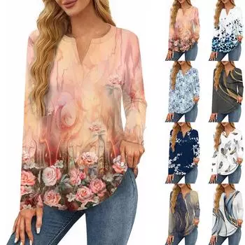 Женская футболка с принтом, длинный рукав, повседневная, выходного дня, модная, базовая, с V-образным вырезом, обычная, топ XXL синий