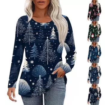 Женская футболка с принтом, длинный рукав, повседневная, выходного дня, модная, базовая, с круглым вырезом, обычная, топ XXL синий