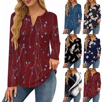 Женская футболка с принтом, длинный рукав, повседневная, выходного дня, модная, базовая, с V-образным вырезом, обычная, топ M чёрный