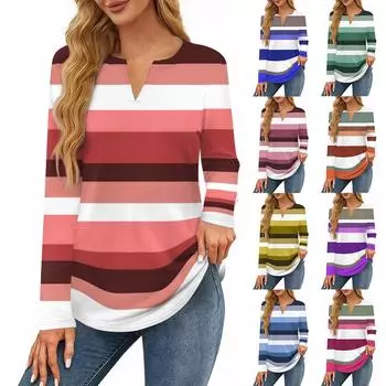 Женская футболка с принтом, длинный рукав, повседневная, выходного дня, модная, базовая, с V-образным вырезом, обычная, топ XXL синий