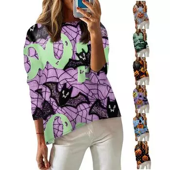 Женская футболка с принтом, длинный рукав, повседневная, выходного дня, модная, с заниженной линией плеч, с круглым вырезом, блузка XXXL фиолетовый