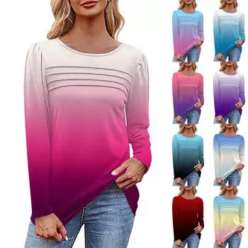 Женская футболка с принтом, длинный рукав, повседневная, выходного дня, модная, базовая, с круглым вырезом, обычная, топ L синий