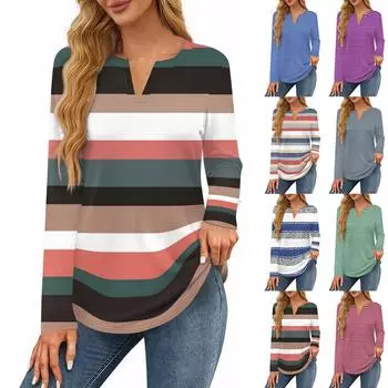 Женская футболка с принтом, длинный рукав, повседневная, выходного дня, модная, базовая, с V-образным вырезом, обычная, топ M красный