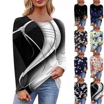 Женская футболка с принтом, длинный рукав, повседневная, выходного дня, модная, базовая, с круглым вырезом, обычная, топ XXXL тёмно-синий