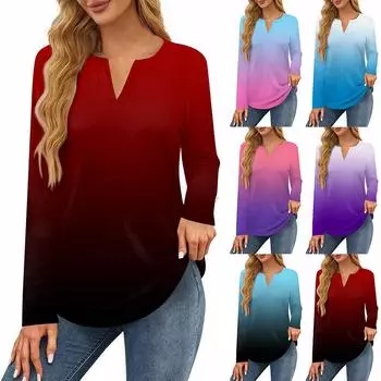 Женская футболка с принтом, длинный рукав, повседневная, выходного дня, модная, базовая, с V-образным вырезом, обычная, топ M красный