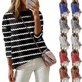 Женская футболка с принтом, длинный рукав, повседневная, выходного дня, модная, с заниженной линией плеч, с круглым вырезом, блузка L чёрный