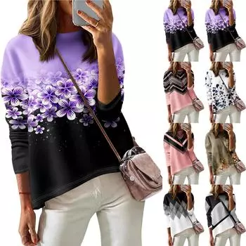 Женская футболка с принтом, длинный рукав, повседневная, выходного дня, модная, с заниженной линией плеч, с круглым вырезом, блузка L чёрный