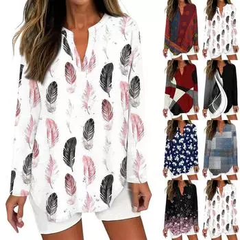 Женская футболка с принтом, длинный рукав, повседневная, выходного дня, модная, базовая, с V-образным вырезом, изогнутым подолом, стандартный топ L чёрный