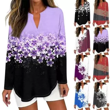 Женская футболка с принтом, длинный рукав, повседневная, выходного дня, модная, базовая, с V-образным вырезом, изогнутым подолом, стандартный топ L чёрный