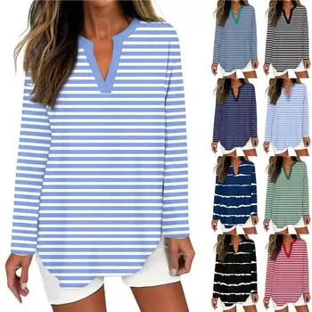 Женская футболка с принтом, длинный рукав, повседневная, выходного дня, модная, базовая, с V-образным вырезом, изогнутым подолом, стандартный топ L фиолетовый