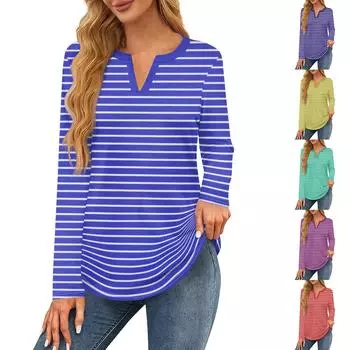 Женская футболка с принтом, длинный рукав, повседневная, выходного дня, модная, базовая, с V-образным вырезом, обычная, топ L синий