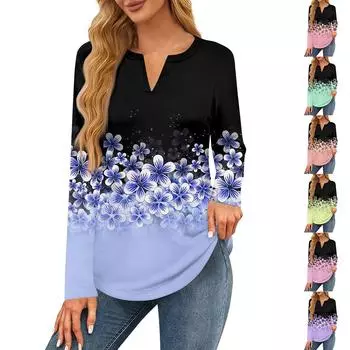 Женская футболка с принтом, длинный рукав, повседневная, выходного дня, модная, базовая, с V-образным вырезом, обычная, топ L
