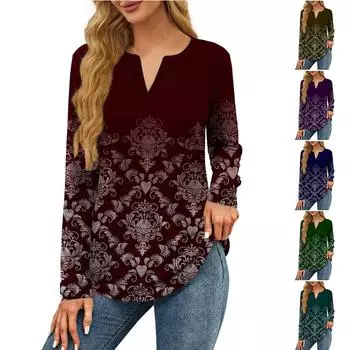 Женская футболка с принтом, длинный рукав, повседневная, выходного дня, модная, базовая, с V-образным вырезом, обычная, топ L армия зеленый