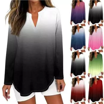 Женская футболка с принтом, длинный рукав, повседневная, выходного дня, модная, базовая, с V-образным вырезом, изогнутым подолом, стандартный топ L чёрный