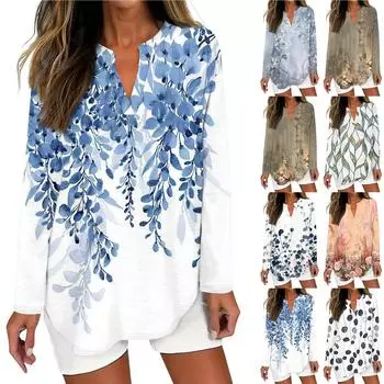 Женская футболка с принтом, длинный рукав, повседневная, выходного дня, модная, базовая, с V-образным вырезом, изогнутым подолом, стандартный топ L армия зеленый