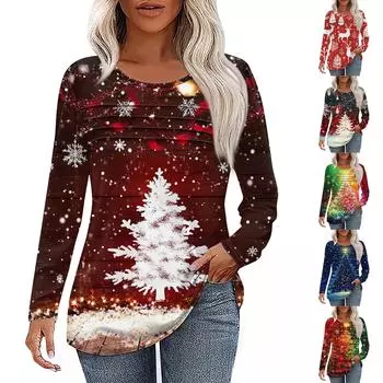 Женская футболка с принтом, длинный рукав, повседневная, выходного дня, модная, базовая, с круглым вырезом, обычная, топ L синий