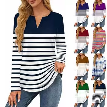Женская футболка с принтом, длинный рукав, повседневная, выходного дня, модная, базовая, с V-образным вырезом, обычная, топ L
