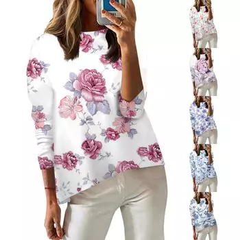 Женская футболка с принтом, длинный рукав, повседневная, выходного дня, модная, с заниженной линией плеч, с круглым вырезом, блузка XL розовый