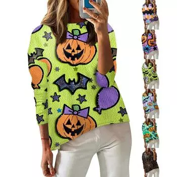 Женская футболка с принтом, длинный рукав, повседневная, выходного дня, модная, с заниженной линией плеч, с круглым вырезом, блузка XL