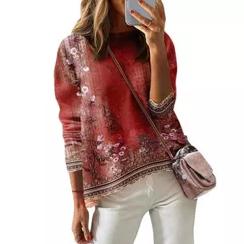 Женская футболка с принтом, длинный рукав, повседневная, выходного дня, модная, с заниженной линией плеч, с круглым вырезом, блузка XXXL красный