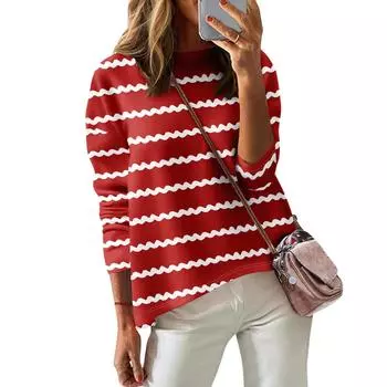 Женская футболка с принтом, длинный рукав, повседневная, выходного дня, модная, с заниженной линией плеч, с круглым вырезом, блузка L красный