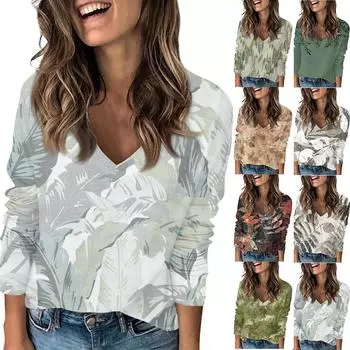 Женская футболка с принтом, длинный рукав, повседневный, выходного дня, базовый топ с V-образным вырезом S кофейный